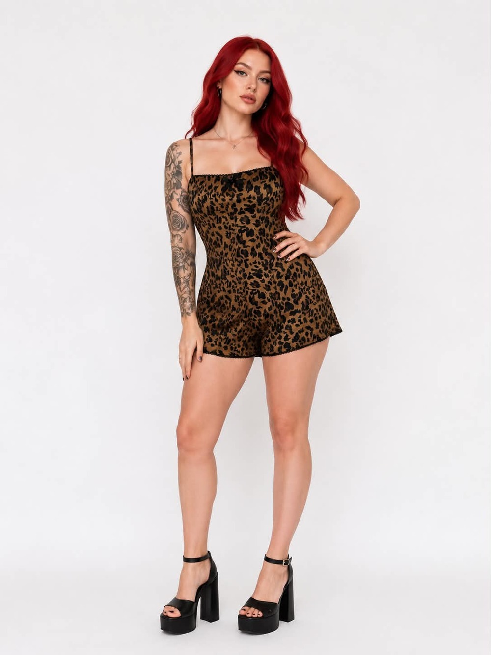 SHEIN Leopard Print Romper Small Animal Print Denim Look Cami Shorts NWOT 🐆✨